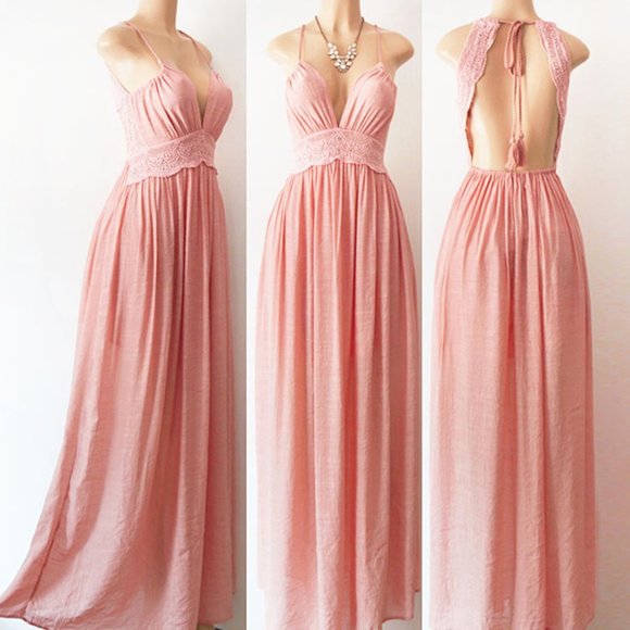 Pink Crochet Lace Open Back Halter Boho Maxi Dress - Picture 1 of 8